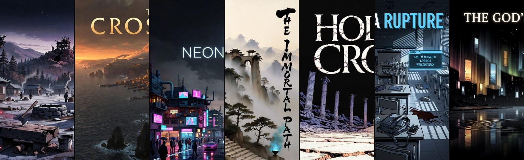 A banner of all seven Loreium worlds side by side